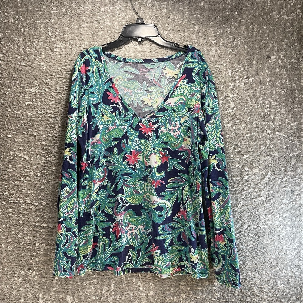 Lilly Pulitzer Long Sleeve V-Neck Tee M Blue Floral Etta Paisley Resort Cruise